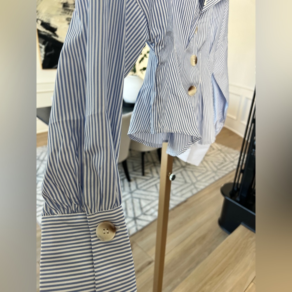 COMMENSE Blue & White Striped Collared Shirt – Waist-Cinching Design – XS – NWT - Picture 6 of 11